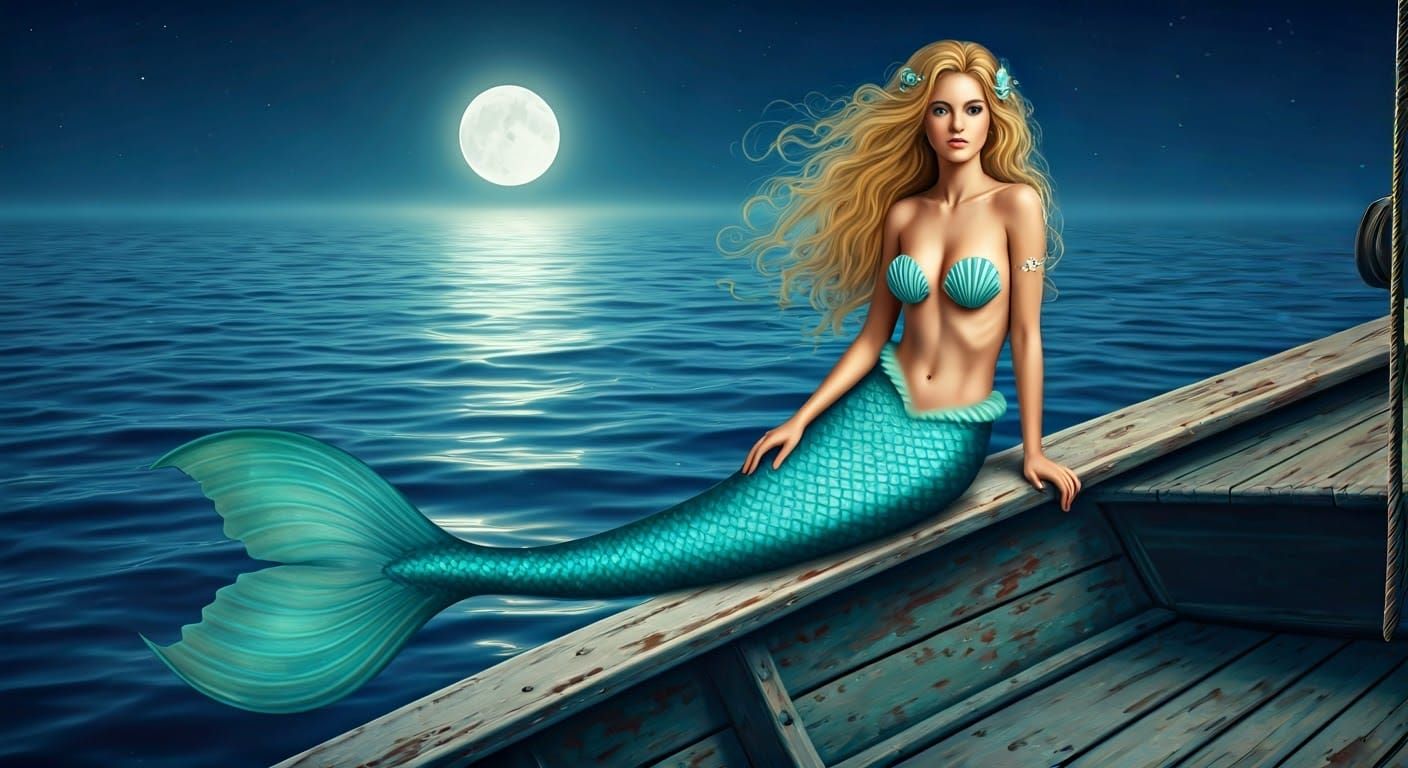 Mermaid on Moonlit Boat in Romantic Realism Style