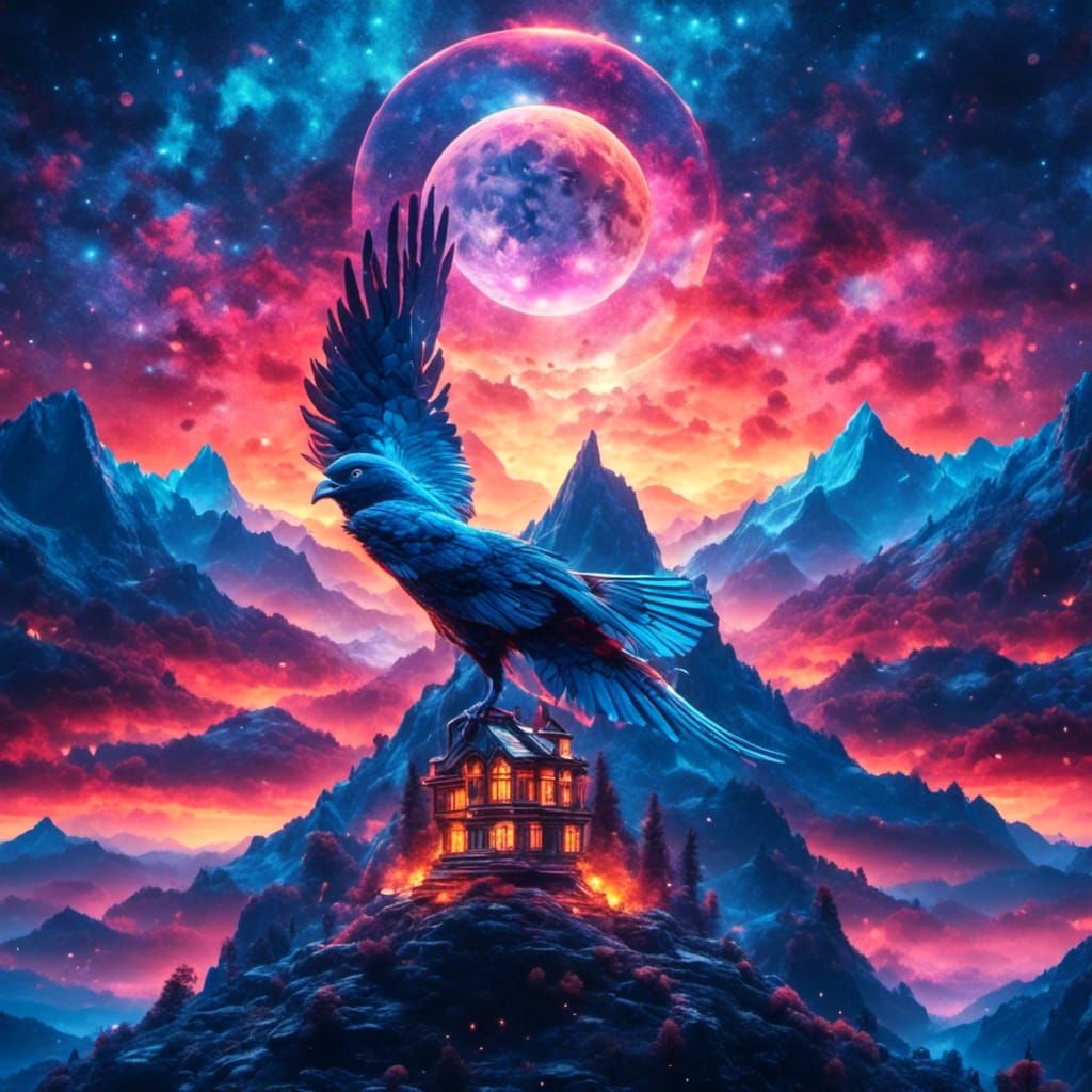 Blue Phoenix Rising: Holographic Astral Illustration