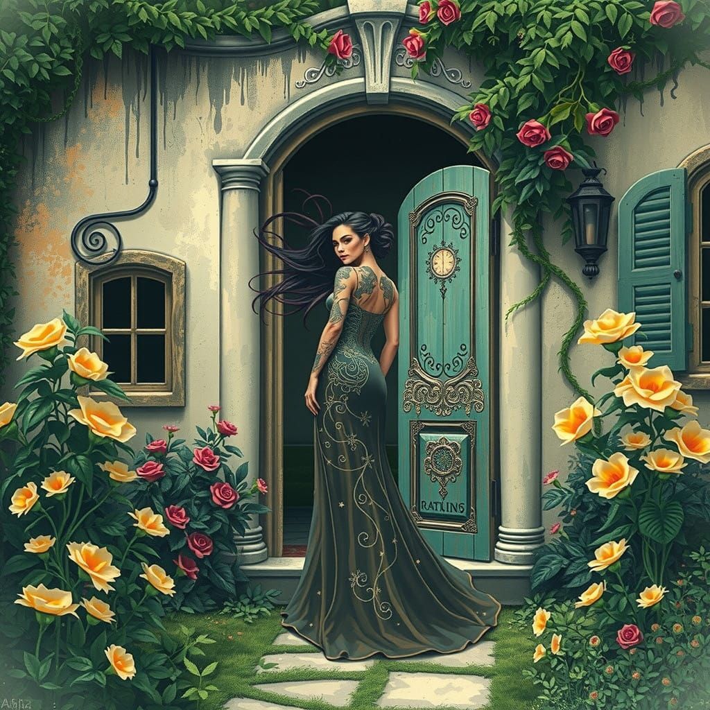 Elegant Fantasy Woman in a Vibrant, Dreamlike Landscape with...
