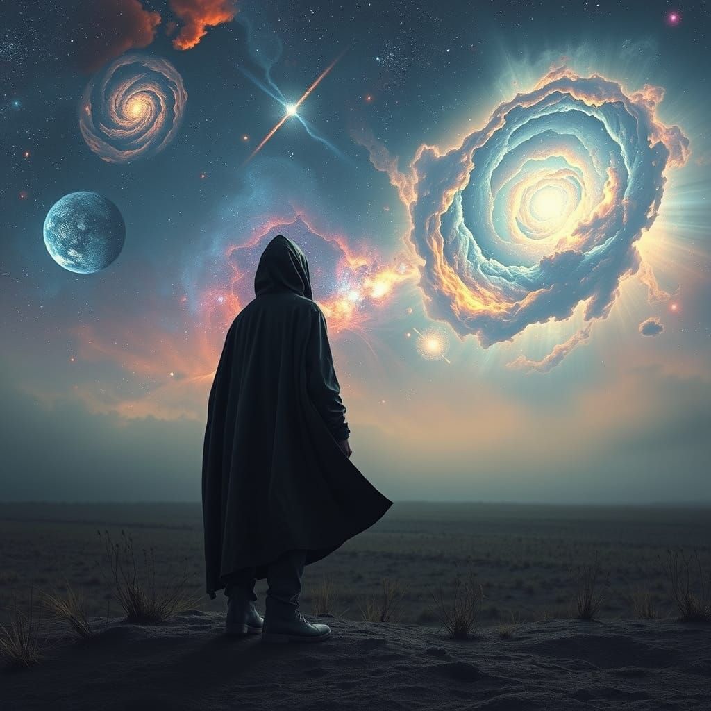 Cosmic Surrealism: Figure Gazing at Radiant Nebulas