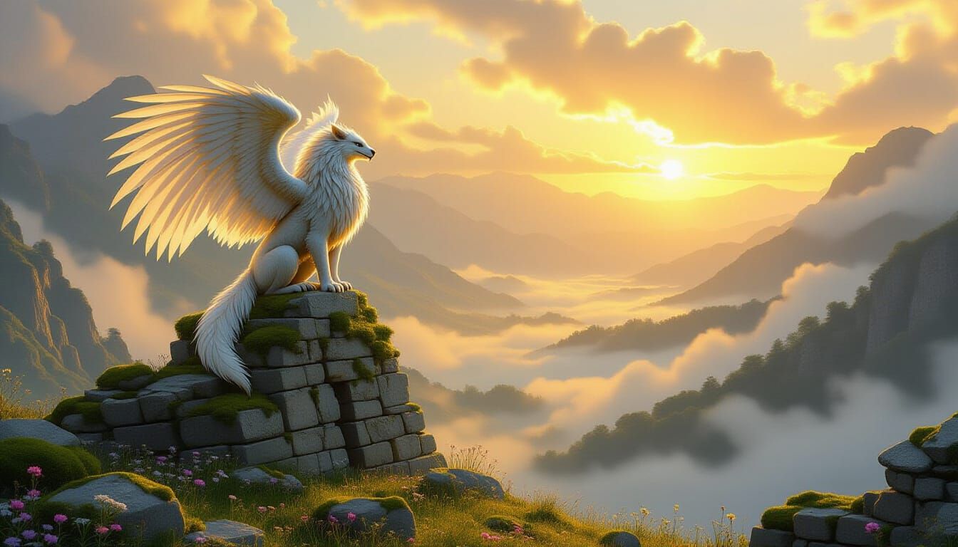 Majestic Gryphon Surveys Misty Valley at Dawn