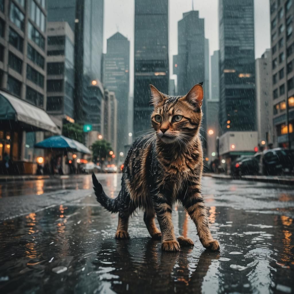 Cinematic Cat in Rainy Cityscape