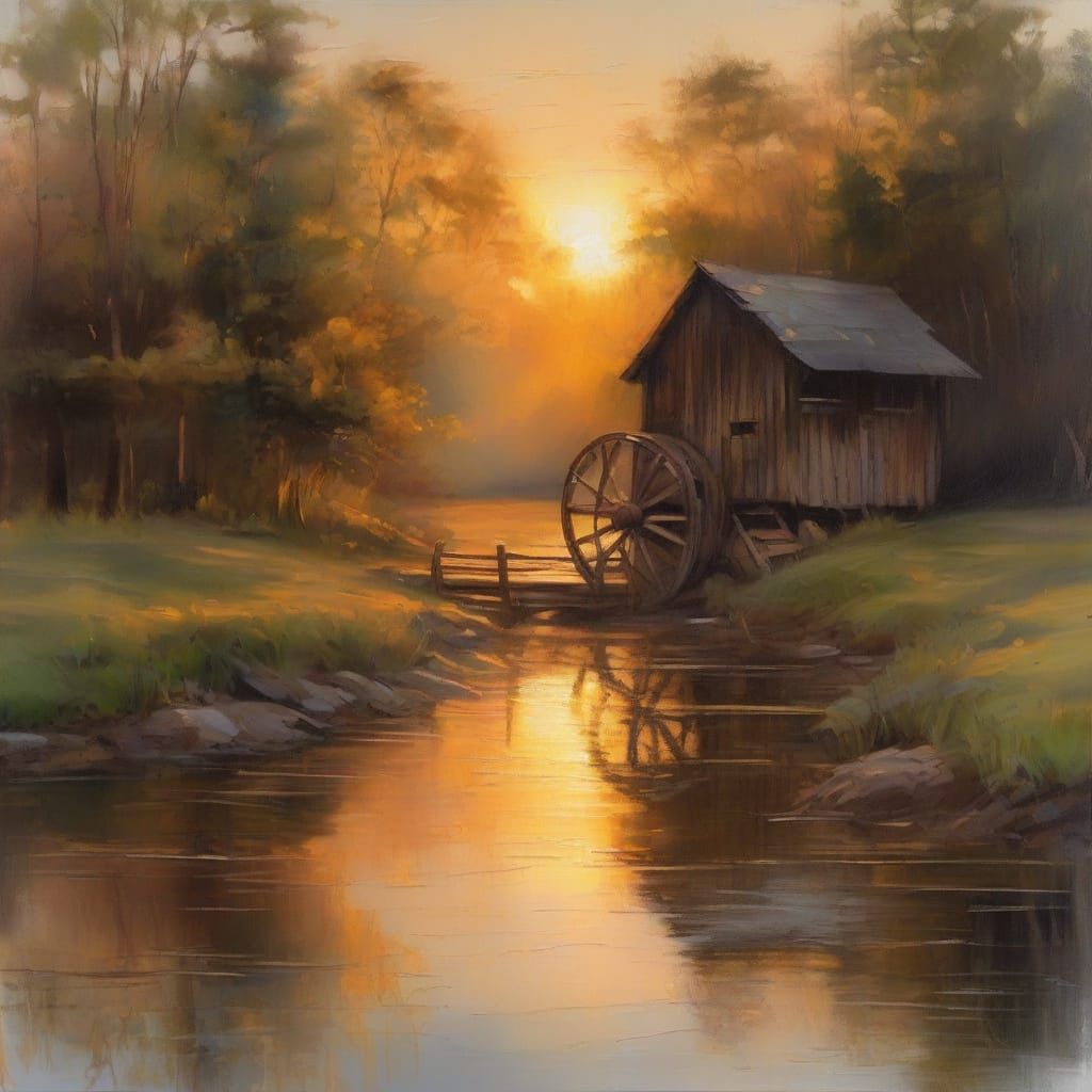Waterwheel in Sunrise Mist, Impressionist Landscape Painting
