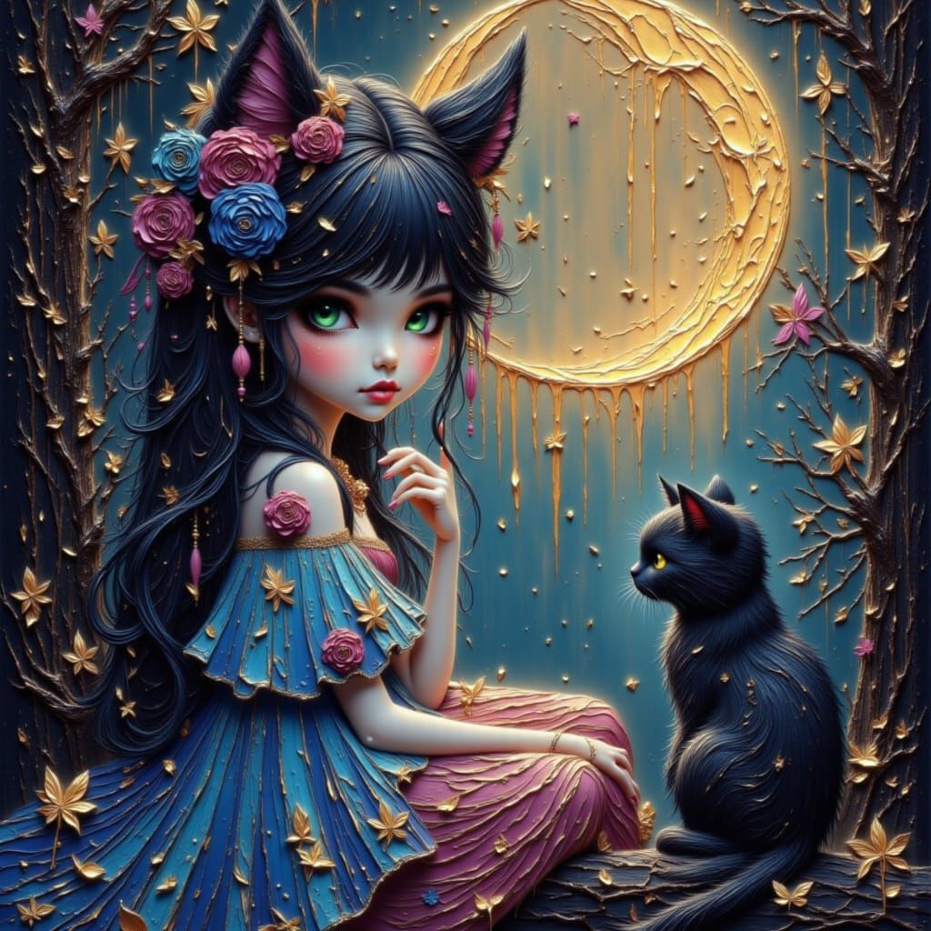Magical Cat Fairy in Golden Moonlit Nature