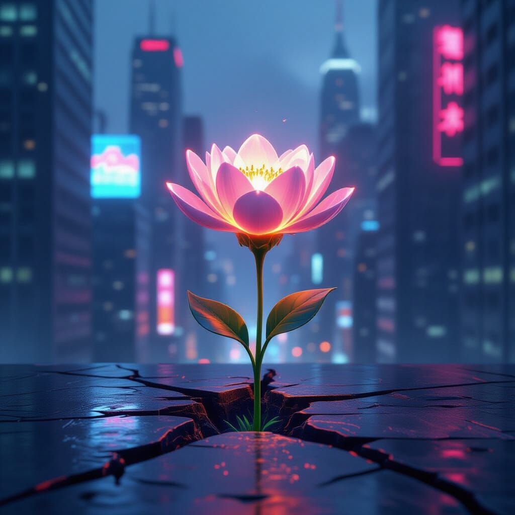 Bioluminescent Flower Illuminates Futuristic City, Hyperreal...