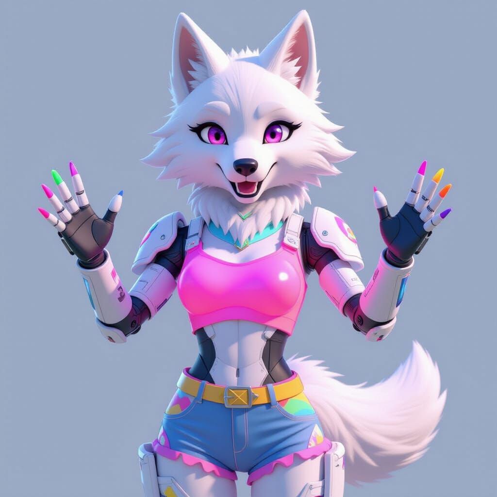 White Wolf Animatronic in Vibrant Anime Style