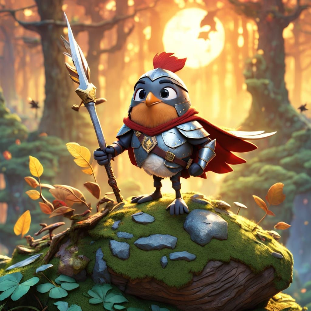 A proud robin dressed as a miniature knigh