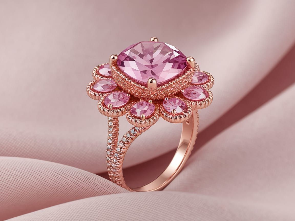 Rose Gold Ring with Pink Gemstones in Floral Setting