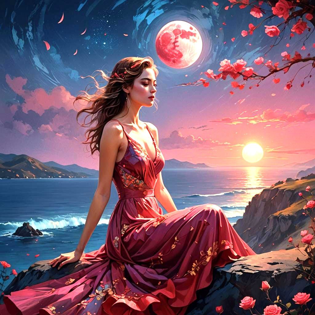 Beautiful Girl in Rose Red Dress with Red Moon