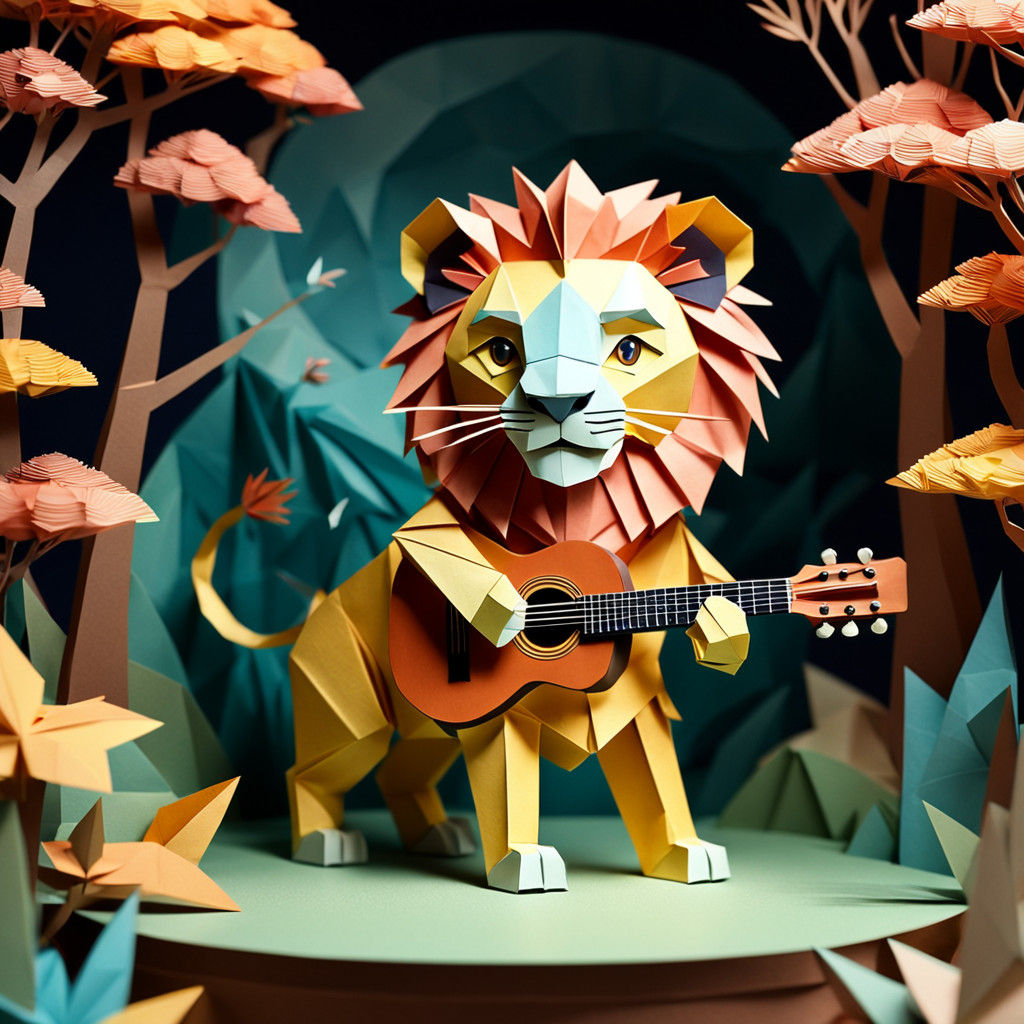 Origami Lion in Vibrant Stage Performance