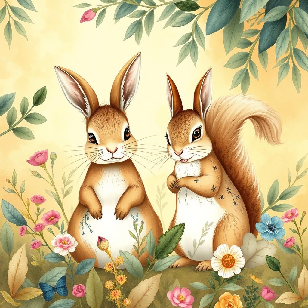 Elegant Rabbit and Squirrel in Whimsical Watercolor