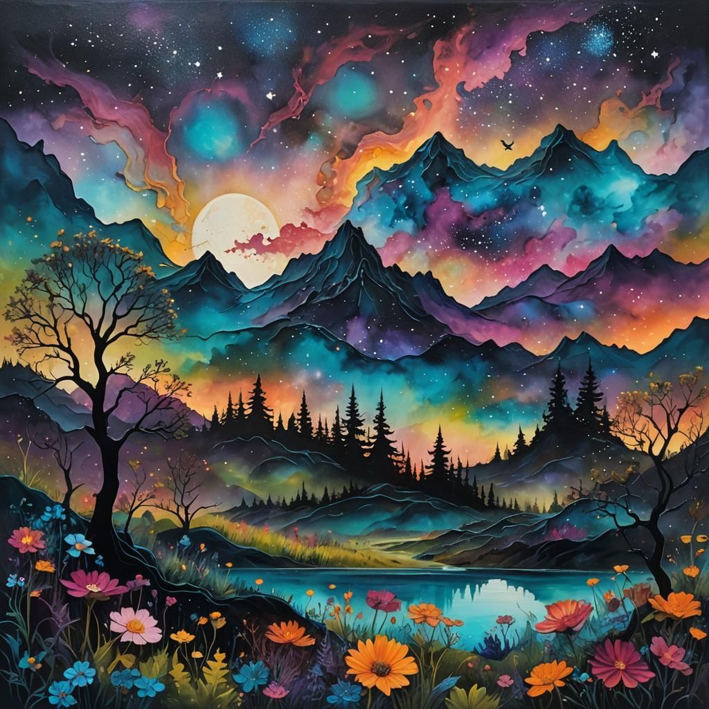 Dreamlike Landscape Resin Painting Under Night Cosmos