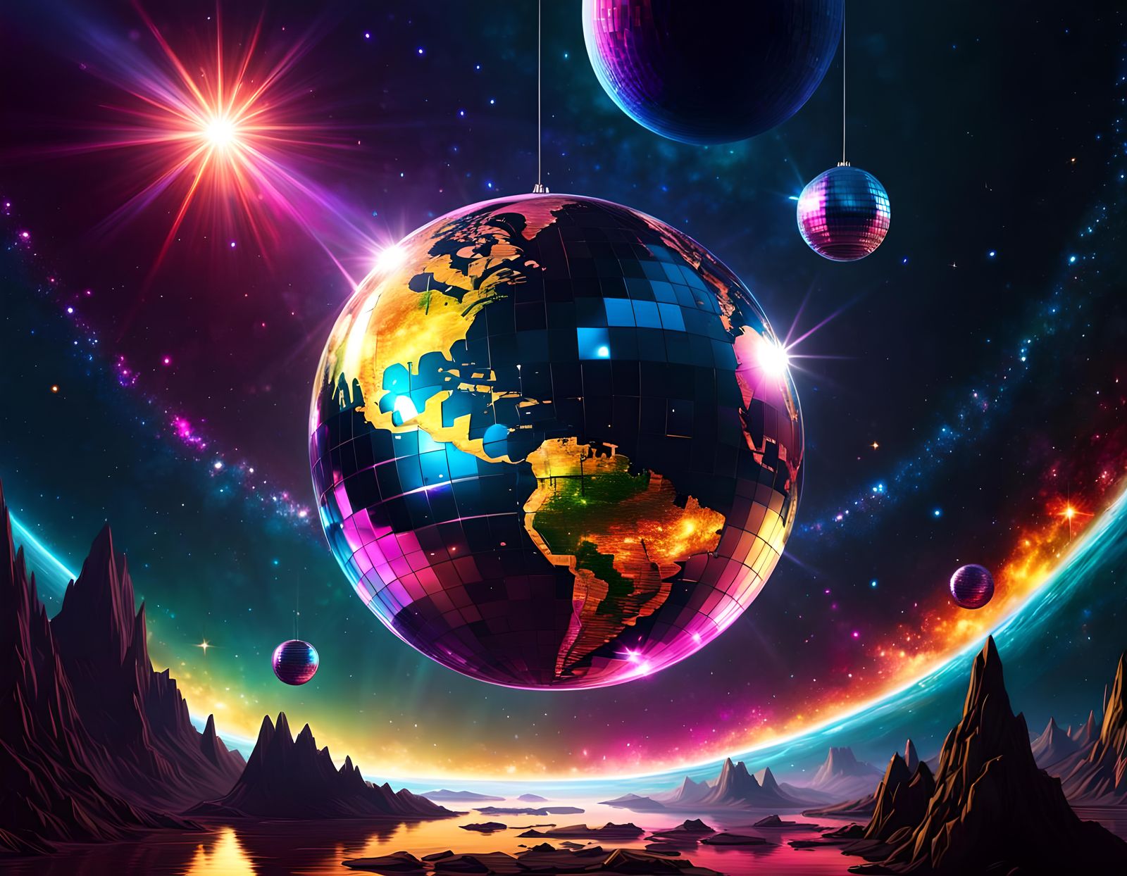 Disco Ball Planet in Space: Digital Illustration
