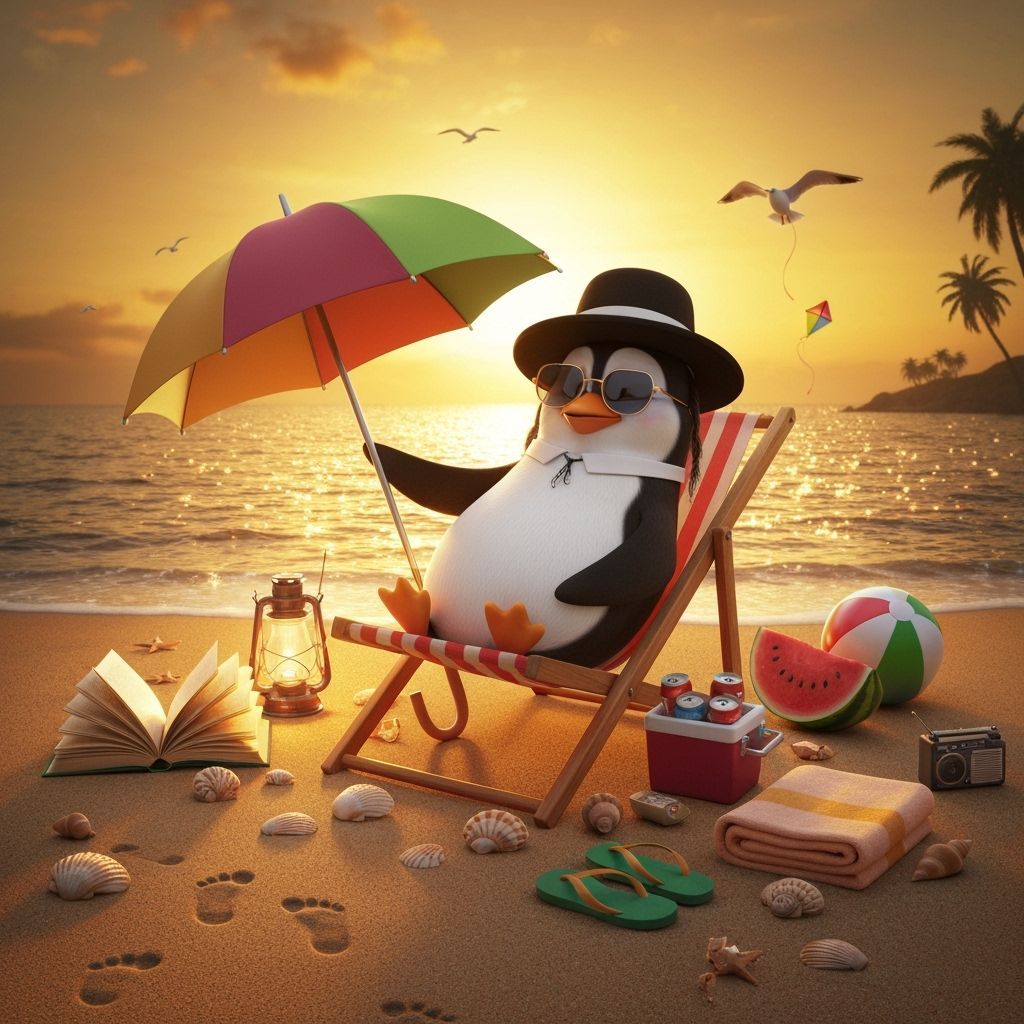 Penguin as Orthodox Jew Sunbathing: 3D Render