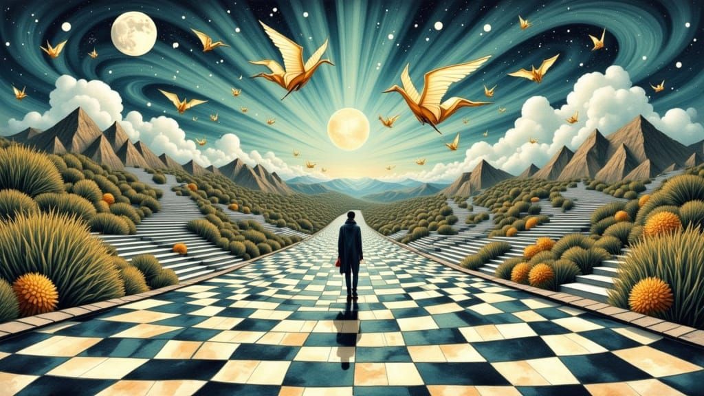 Surreal Checkerboard Labyrinth with Origami Cranes