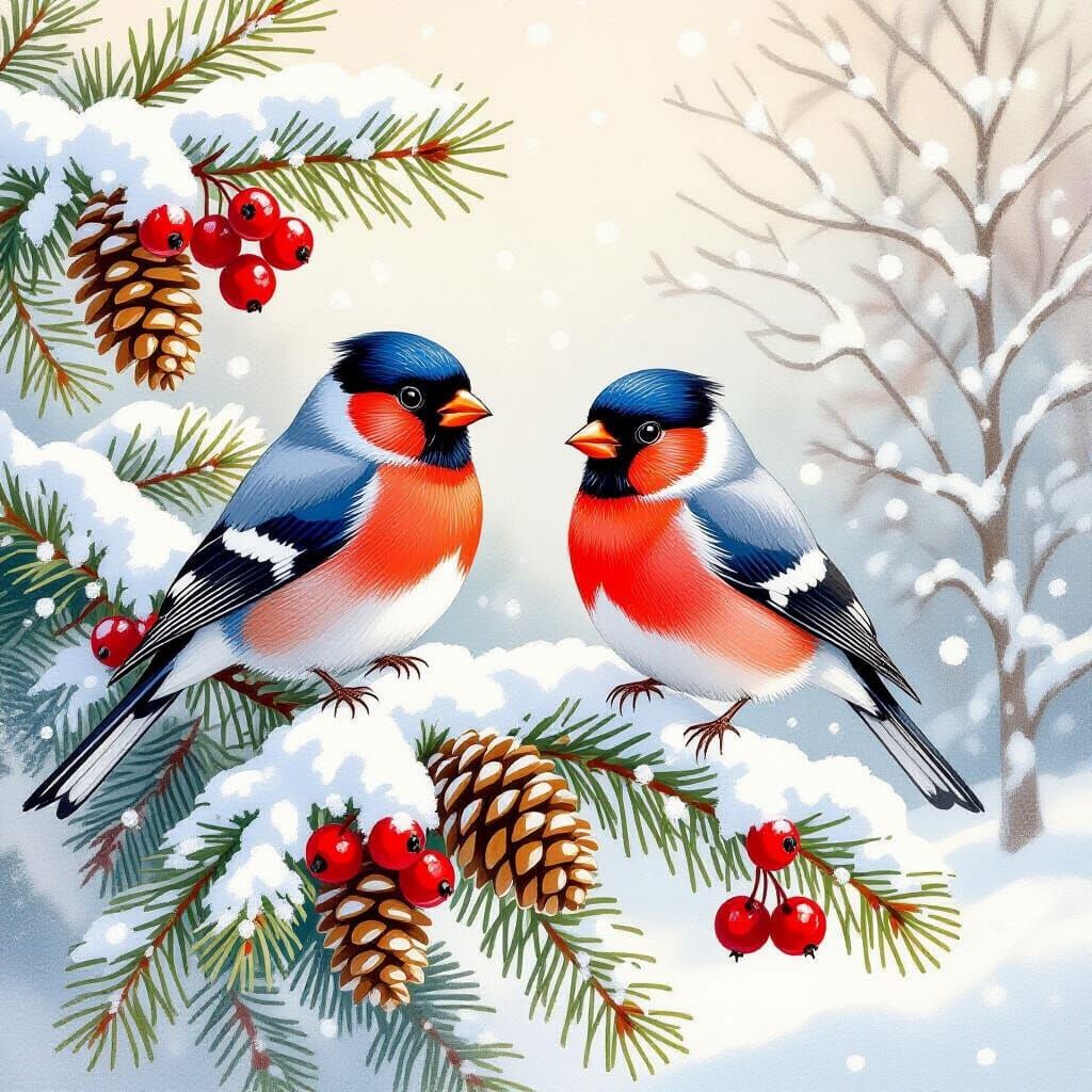 Bullfinches on Snowy Fir Branch in Illustrative Style