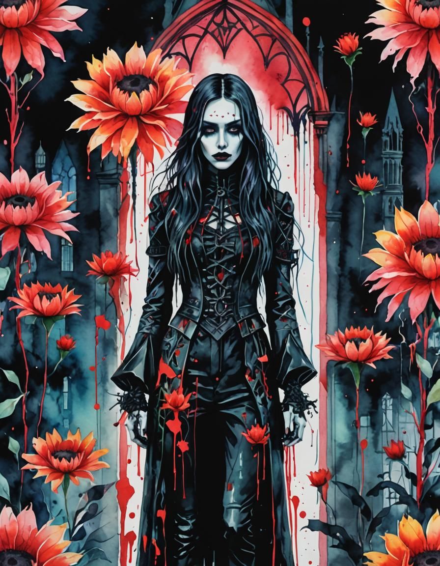 Neon Gothic Beauty in Surreal Watercolor Style