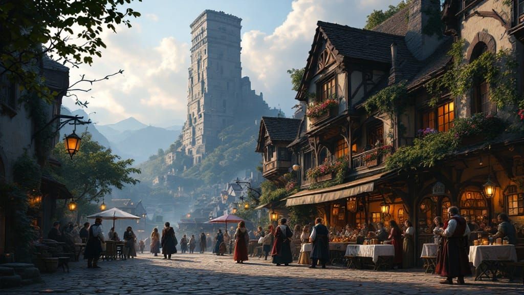 Renaissance Tavern Meets Modern Cityscape in Dreamy Alleyway