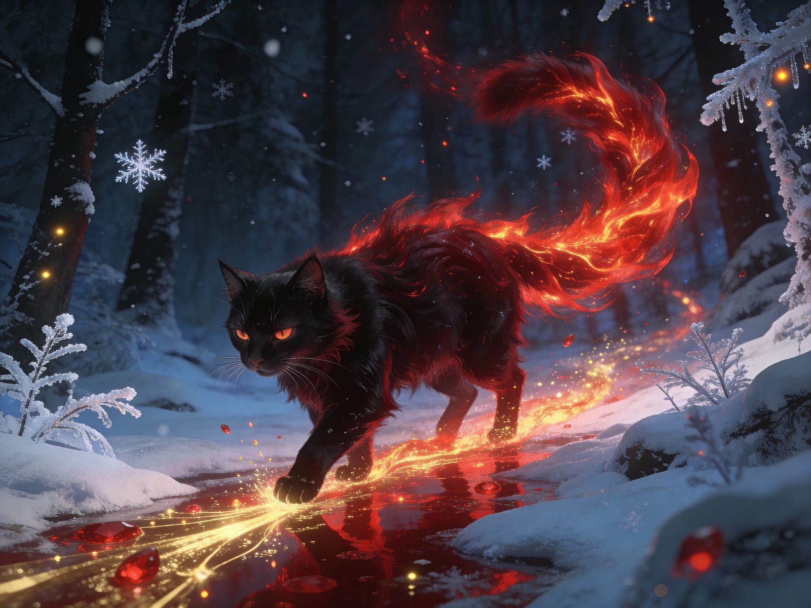 Mystical Cat with Flaming Tail in Enchanted Forest