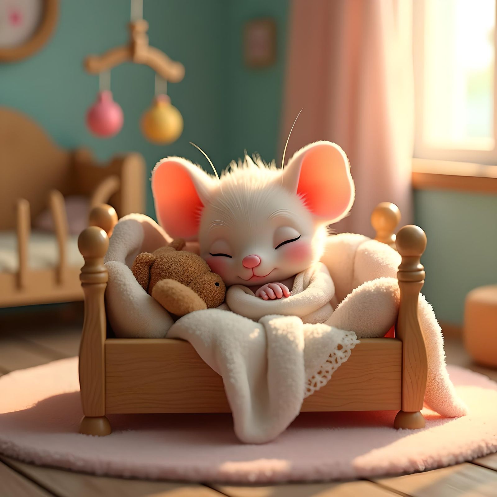 Cute Baby Mouse with Teddy Bear, 3D Cartoon