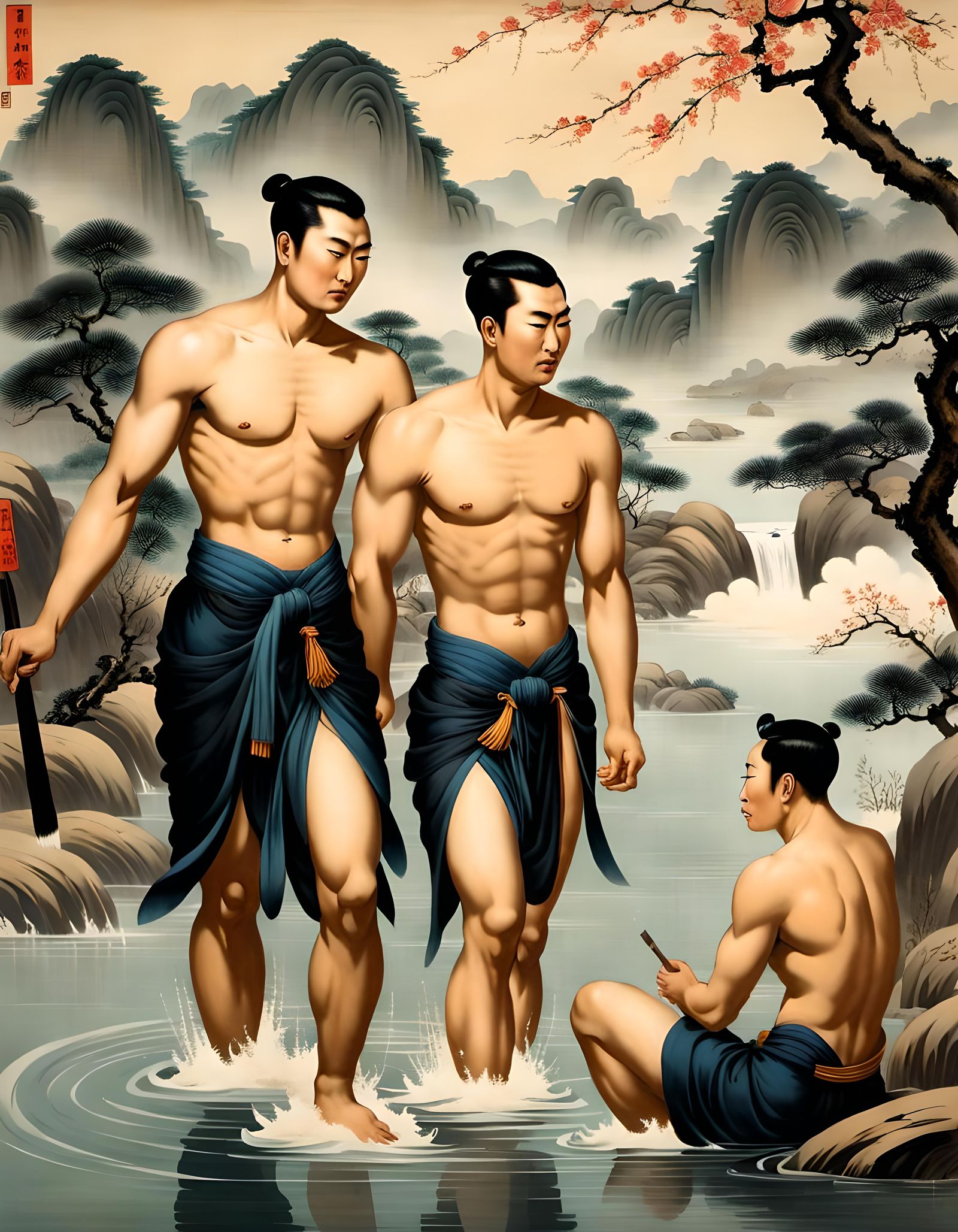 Men bathing in a river, Qing Dynasty