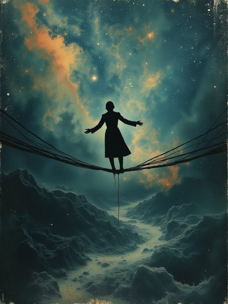 Surreal Figure on Tightrope Amidst Starry Expanse