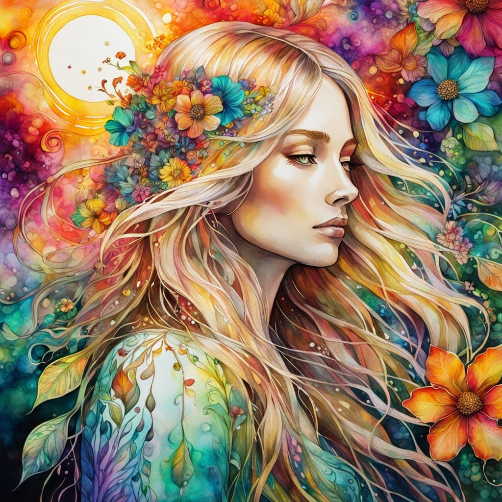 Girl in Garden with Psychedelic Floral Patterns - Alcohol In...