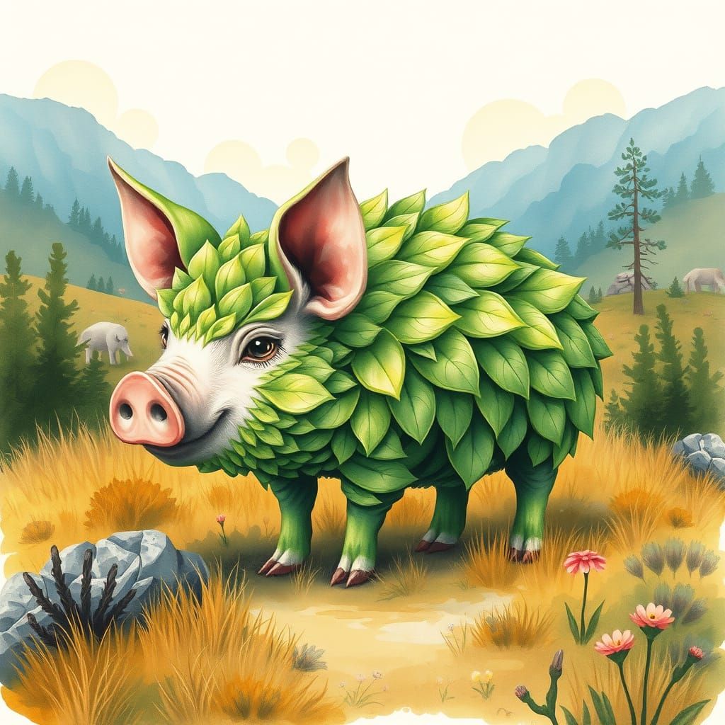 Whimsical Leaf Pig in Vibrant Green Watercolor