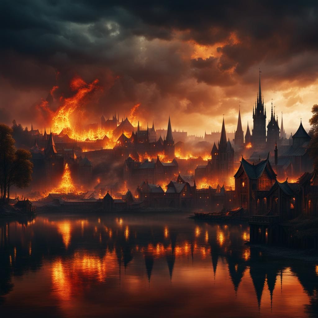 Burning Lake and Medieval City: Digital Matte Painting