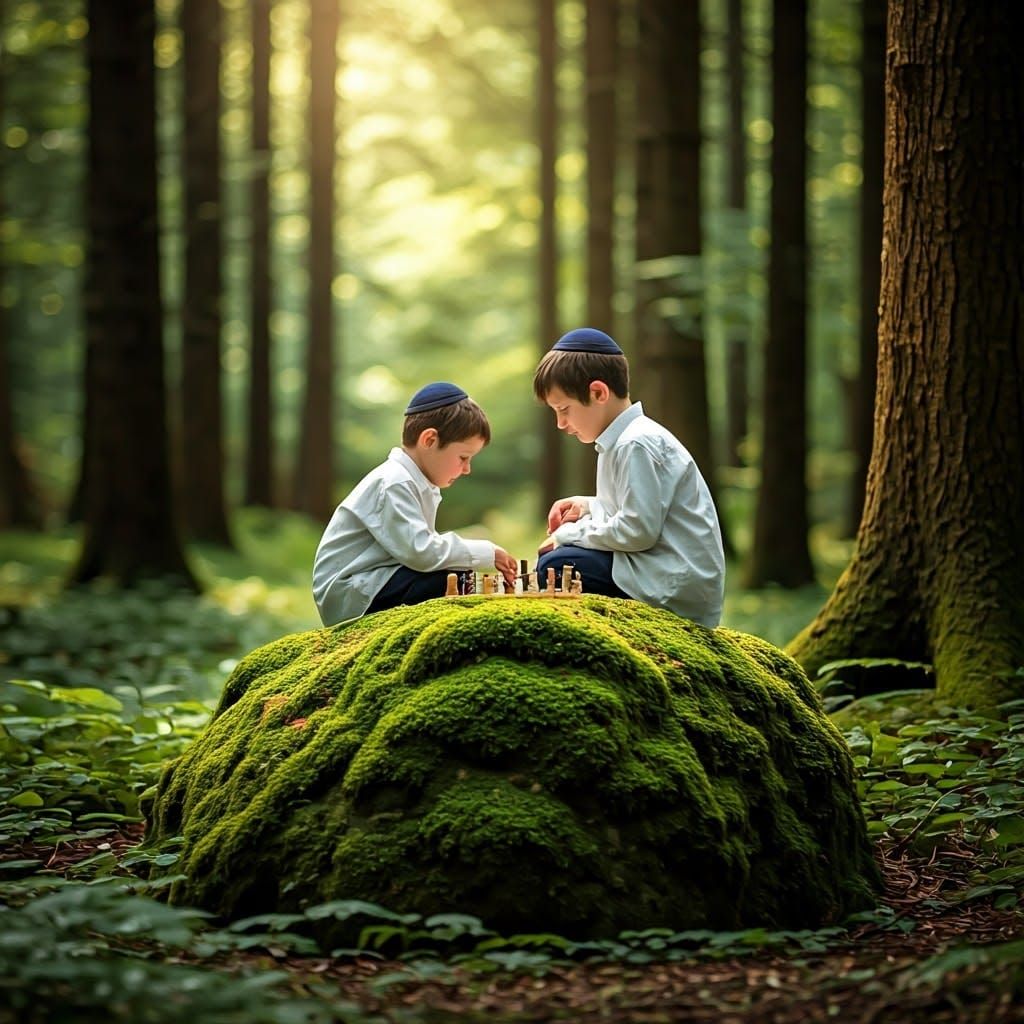 Pre-Raphaelite Scene of Two Young Hasidic Boys in a Lush For...