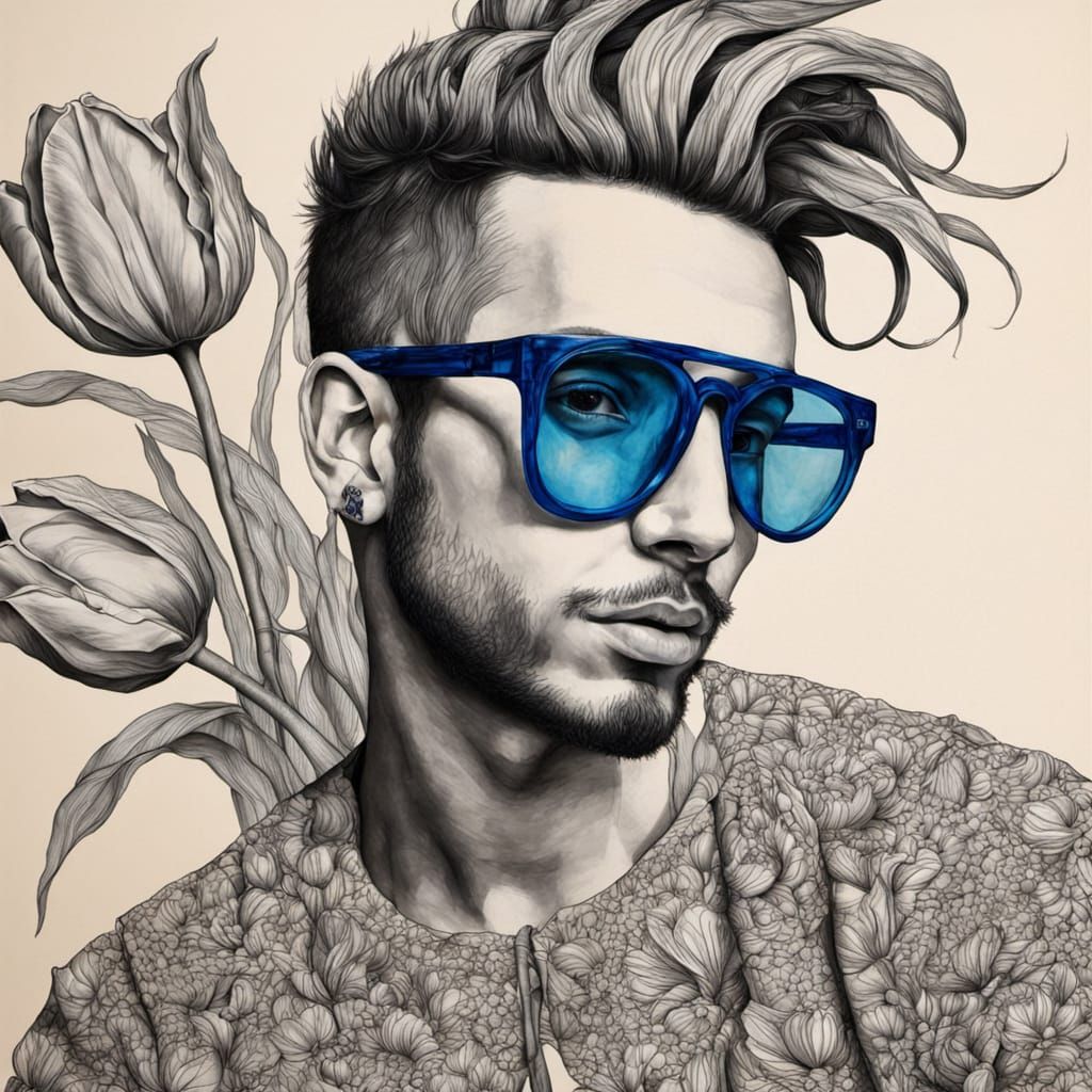 Psychedelic Male Portrait in Ink and Tulips