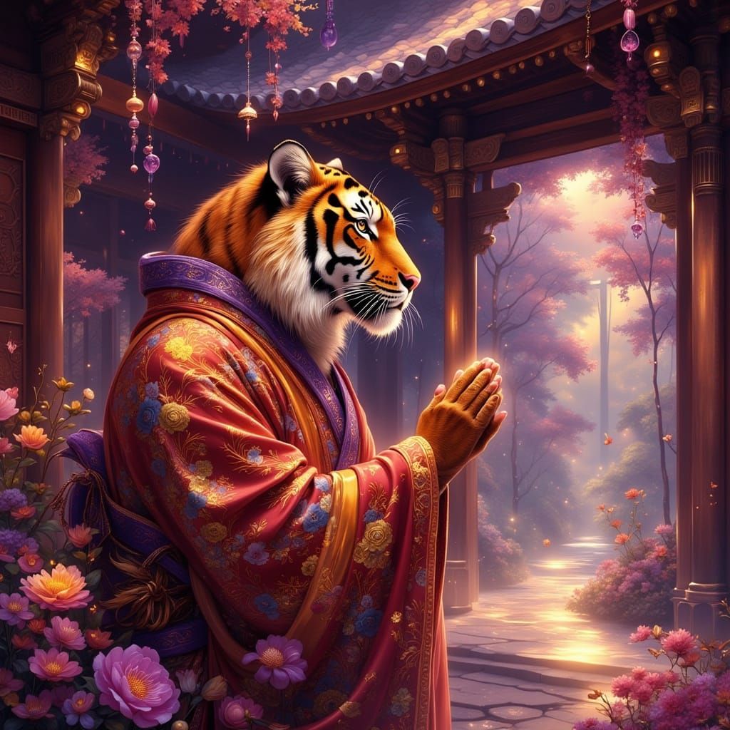 Serene Temple Tiger in Ornate Kimono