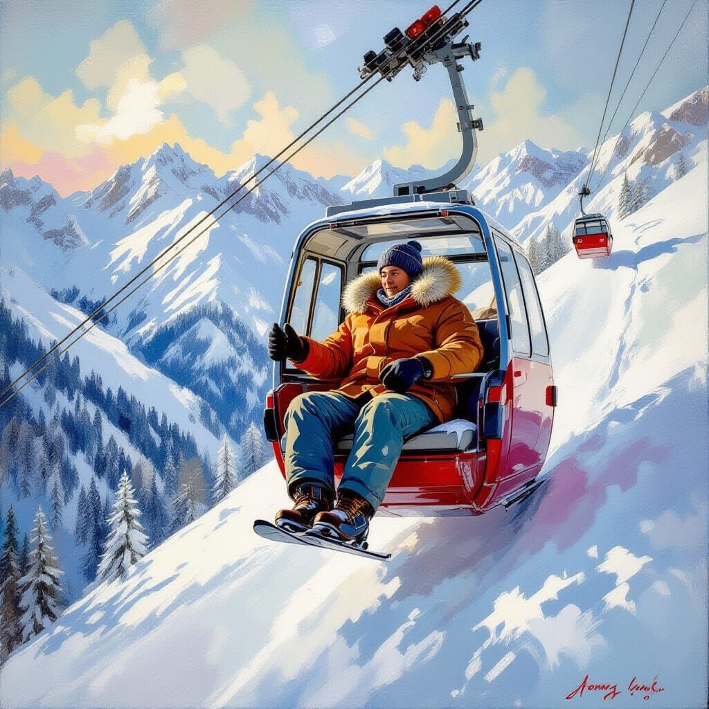 Cable Car Plunge in Snowy Mountains: Oil Painting