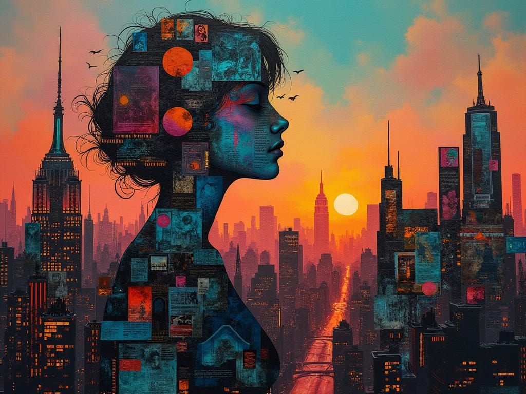 Surreal Cityscape at Dusk in Mixed Media Style