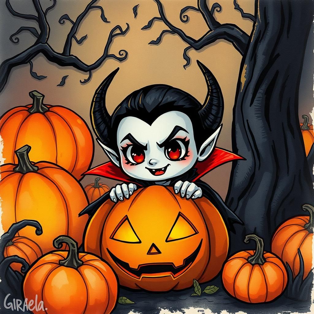 Chibi Dracula Peeking from Jack-o'-Lantern, Watercolor Style