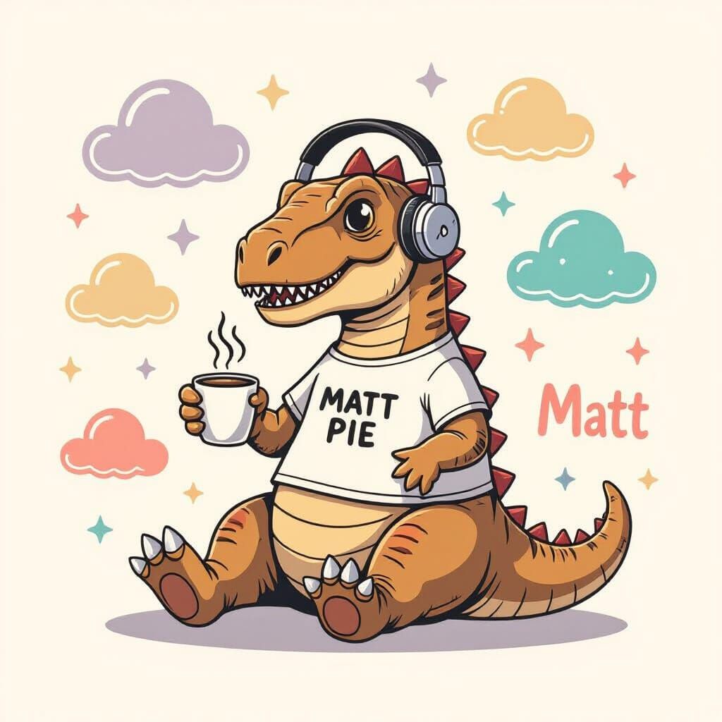 Relaxed T-Rex with Coffee and Headphones in Pastel Tones