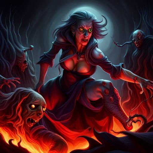 Dark Warlocks Battle Zombie Witches in Hell