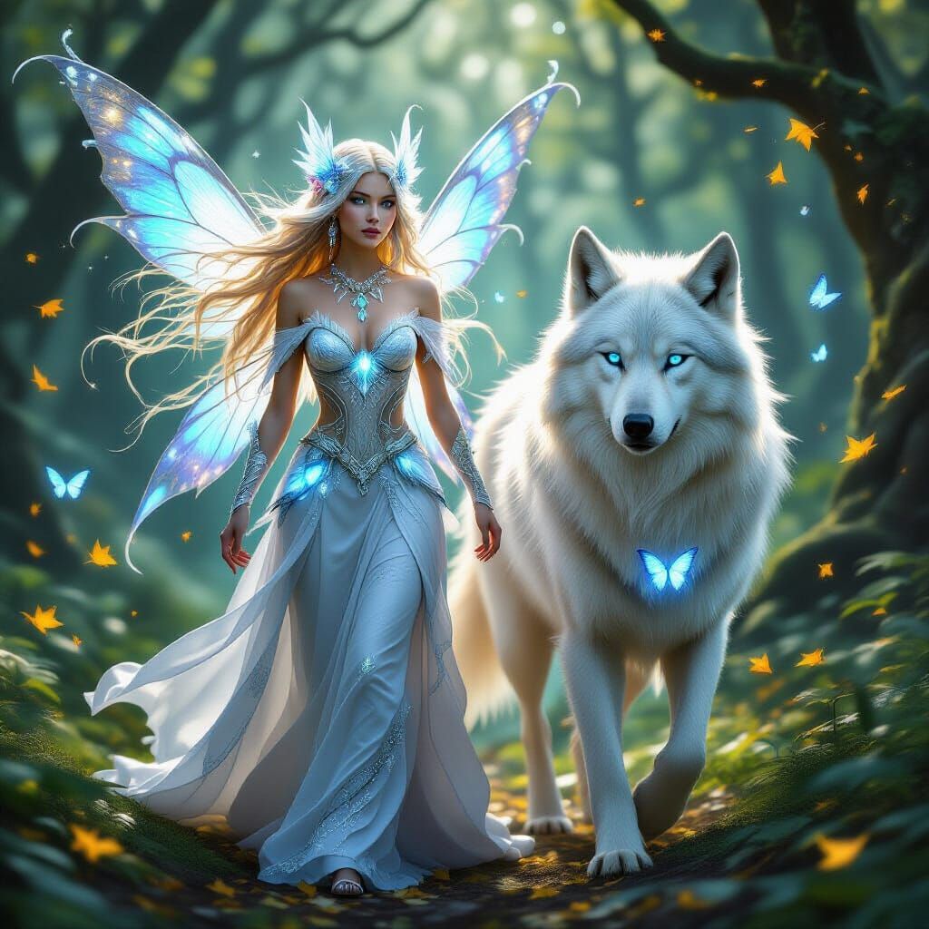 Luminous Fairy Woman with Wolf in Emerald Forest