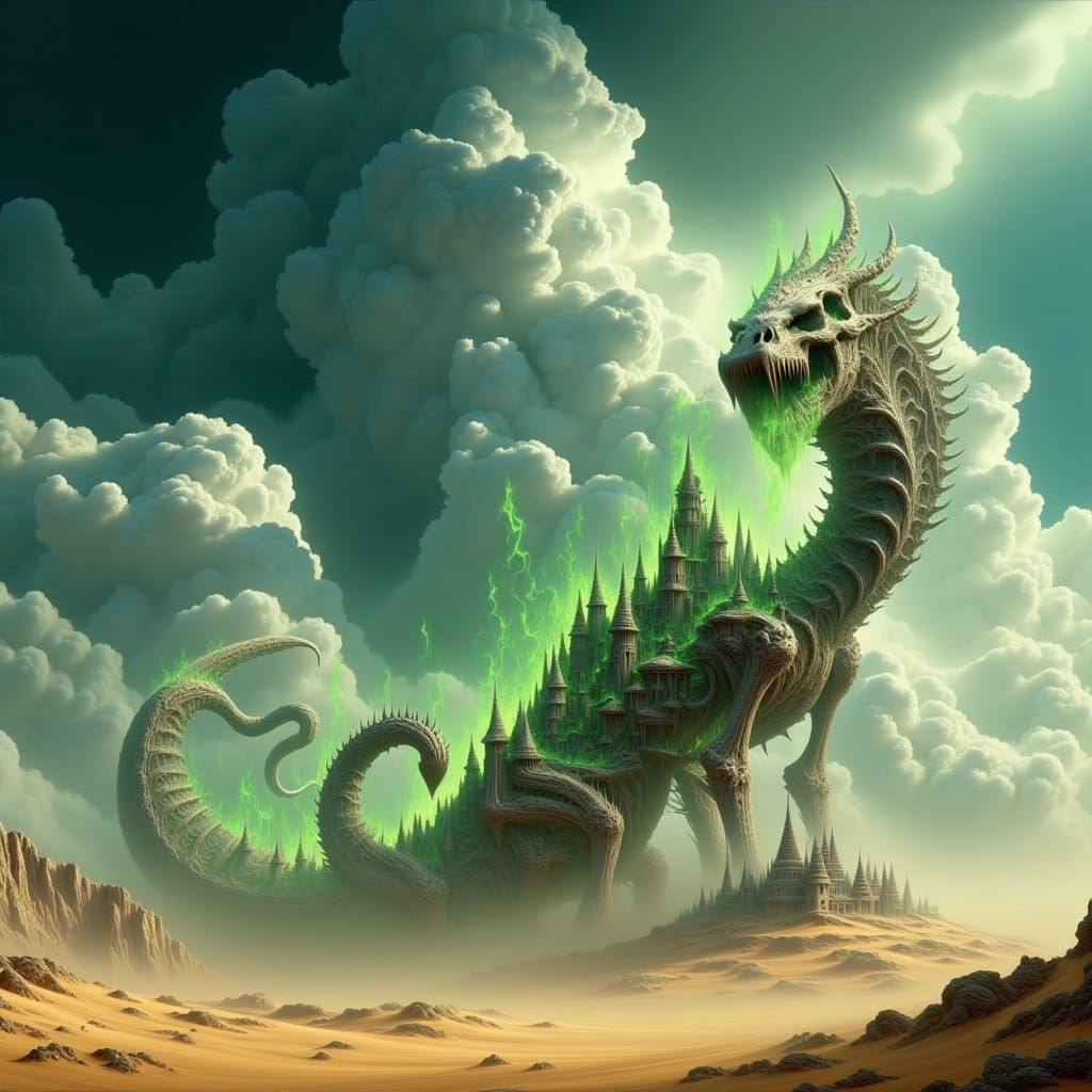 Skeleton Dragon Awakening in Desert Landscape