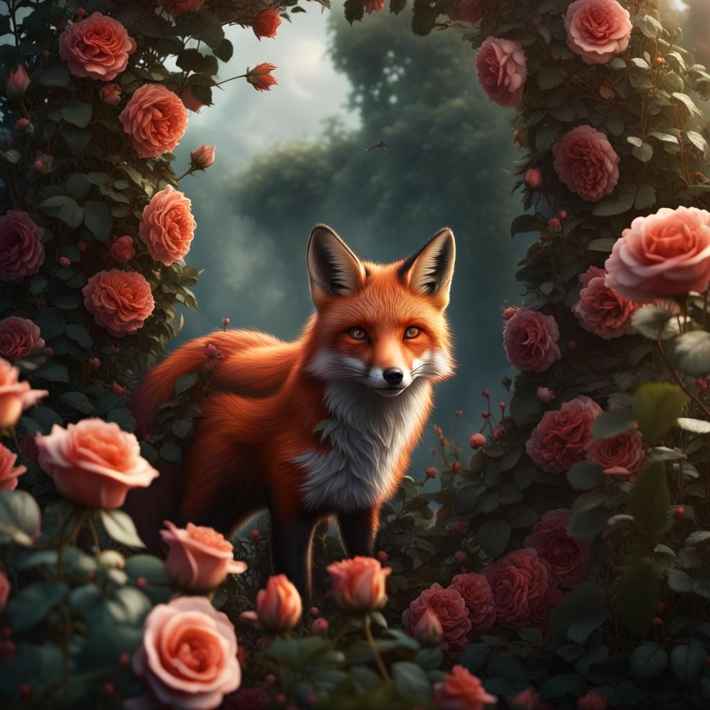 Fox in Rose Bush: Detailed Matte Painting