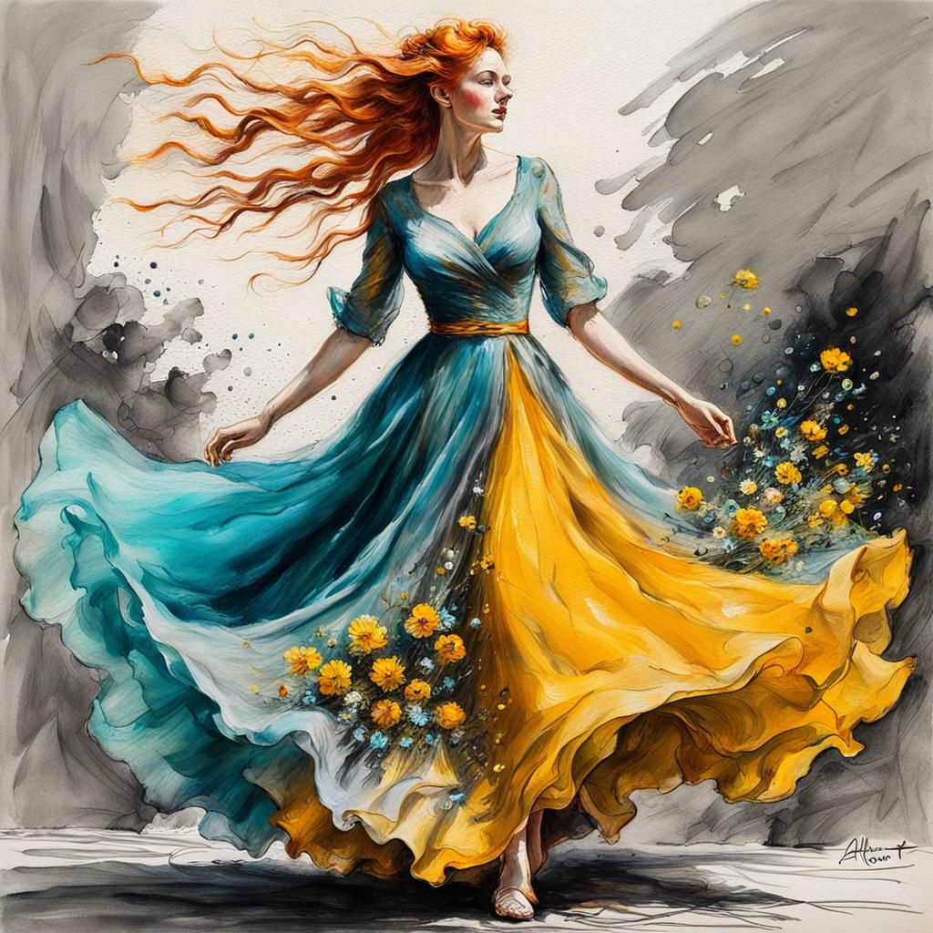 Impressionistic Painting of Woman in Flowing Dress