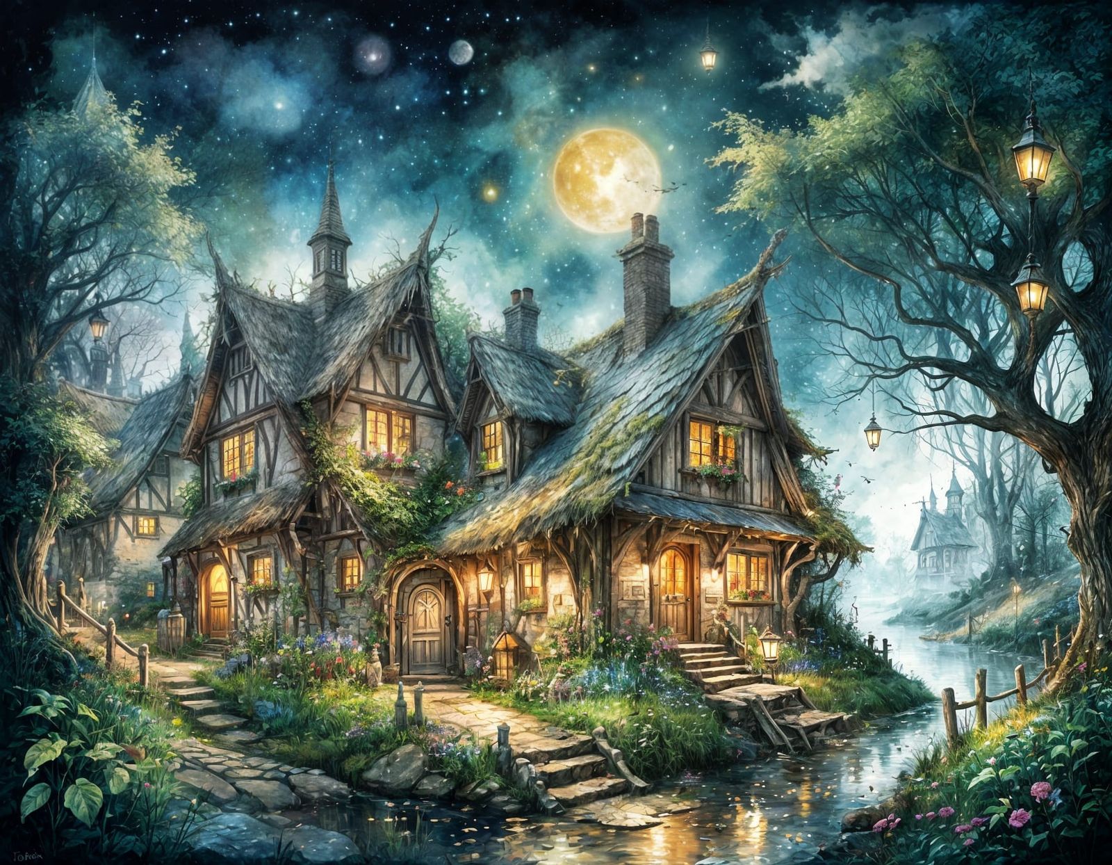 Charming Fairy Village in Digital Watercolor Style