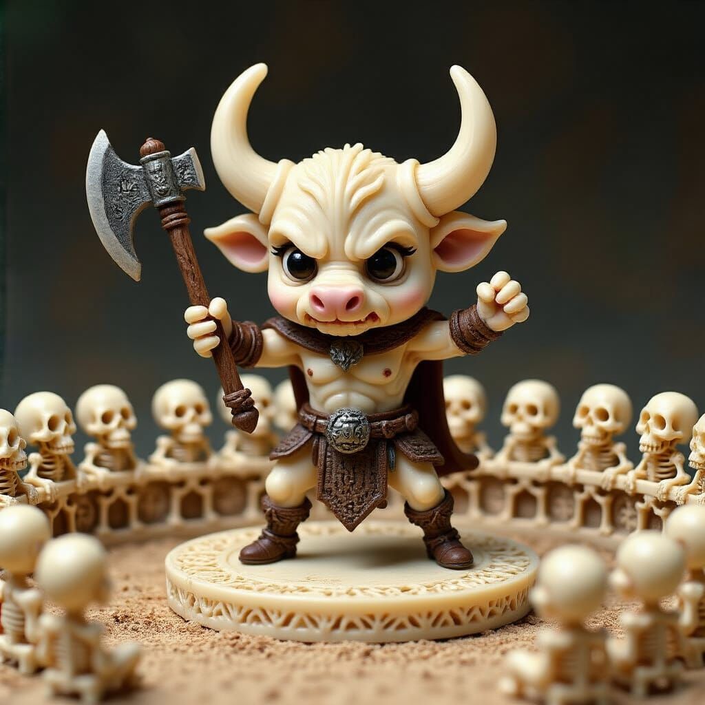 Scrimshaw Chibi Minotaur Figurine in Miniature Arena