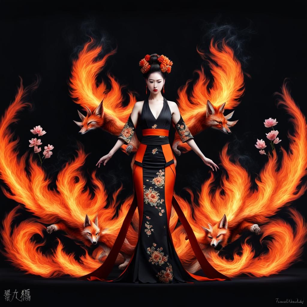Vibrant Fire Kitsune and Fox Spirit in Flame Dress