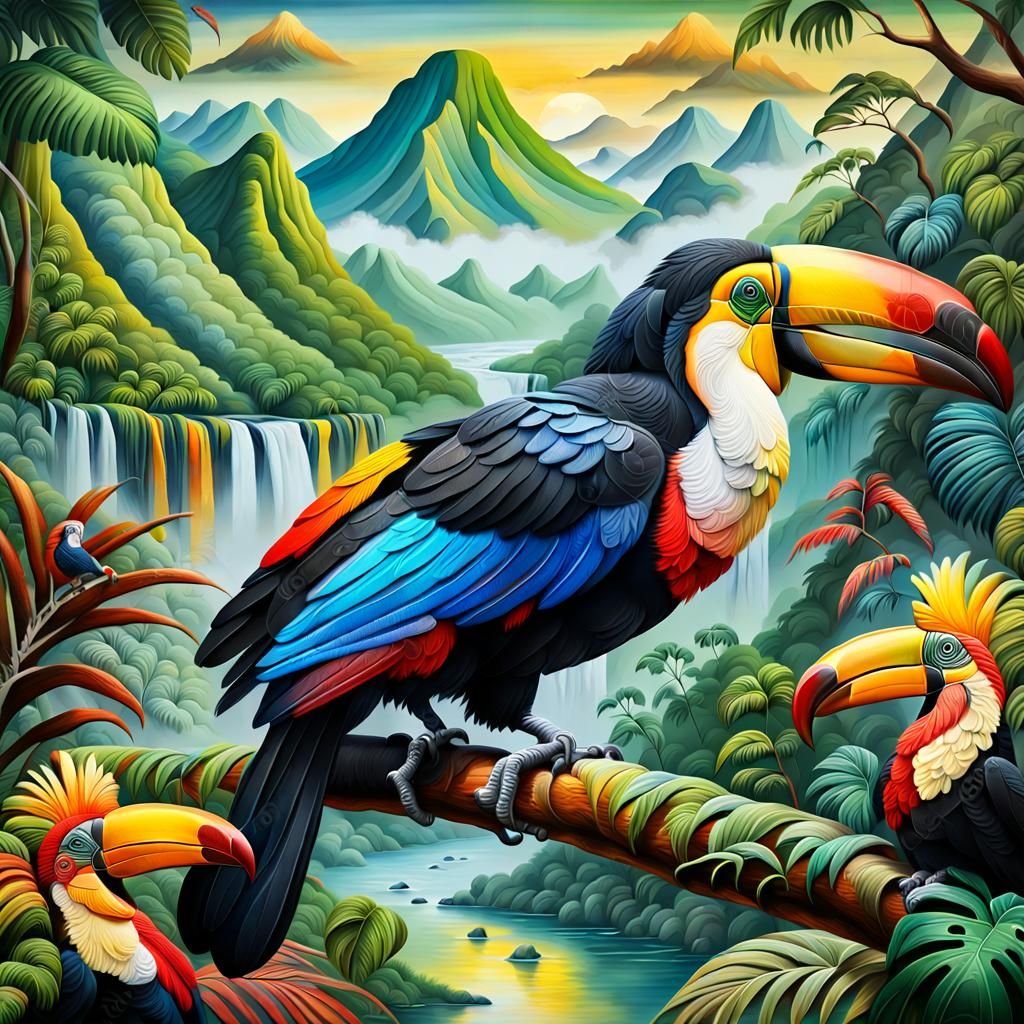 Toucan and Parrot in Rainforest: High Relief Painting