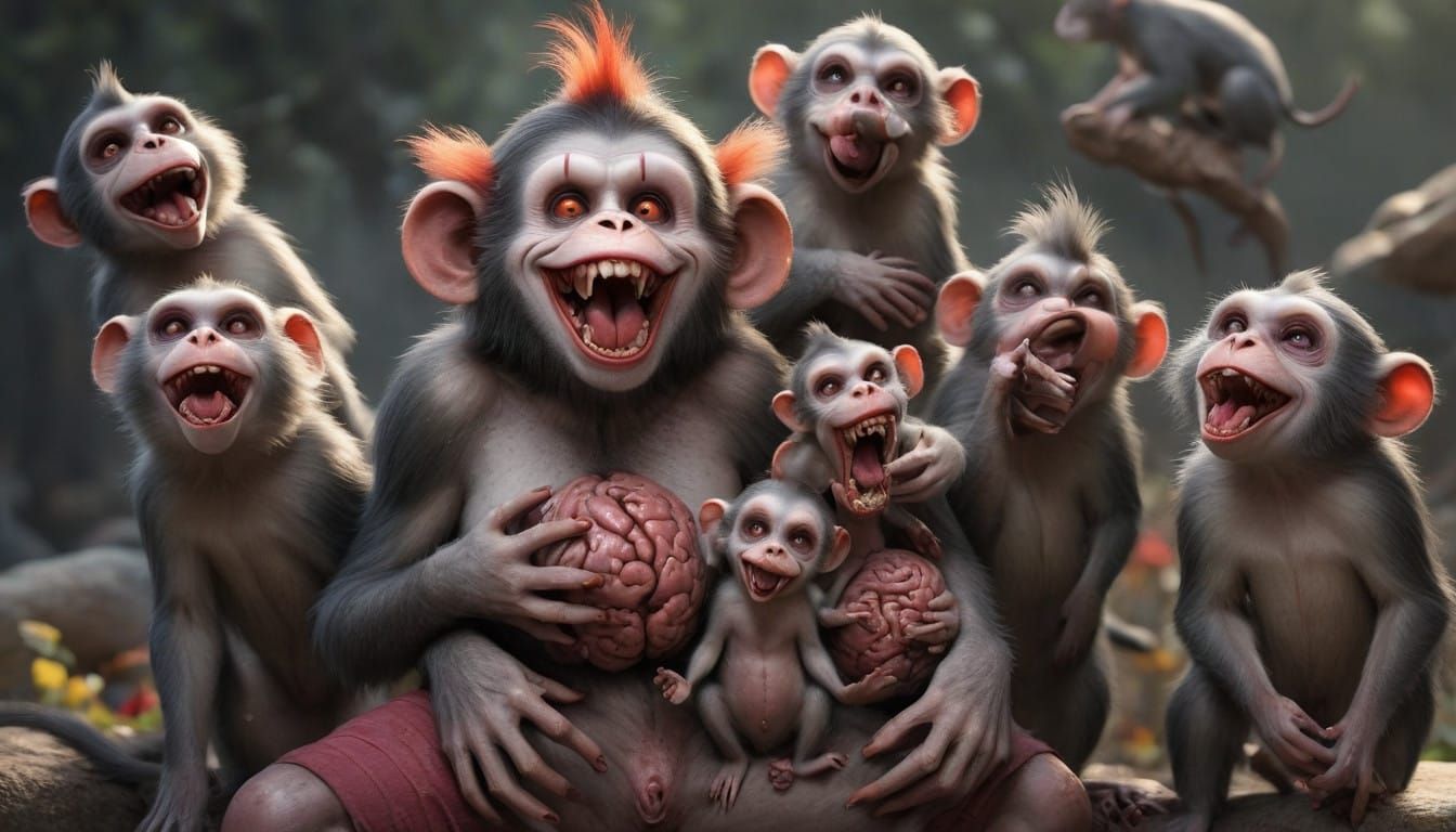 Cute Zombie Monkey Surrounded by Peaceful Rodents