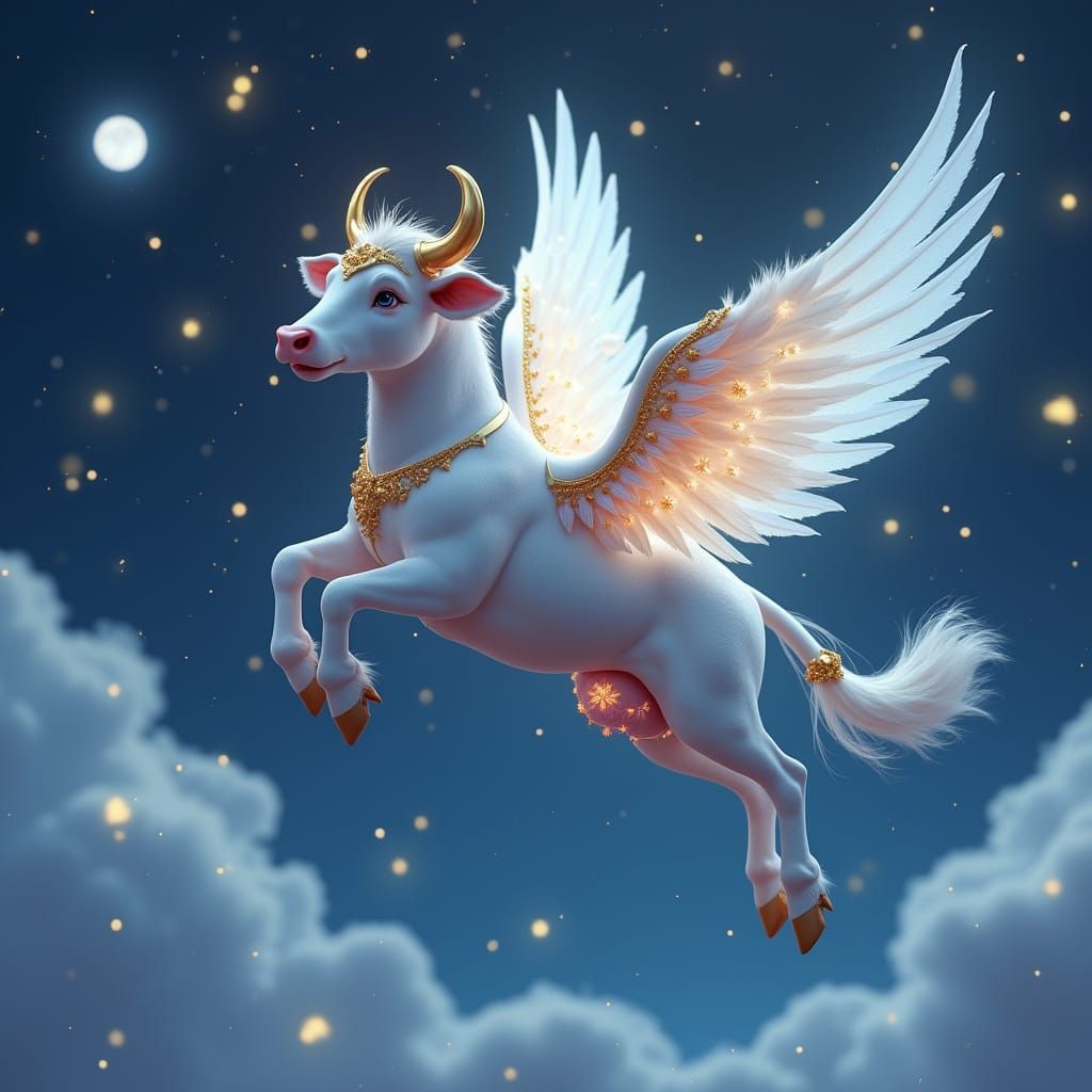 Cow wearing a gold tutu with detailed wings flying over the ...