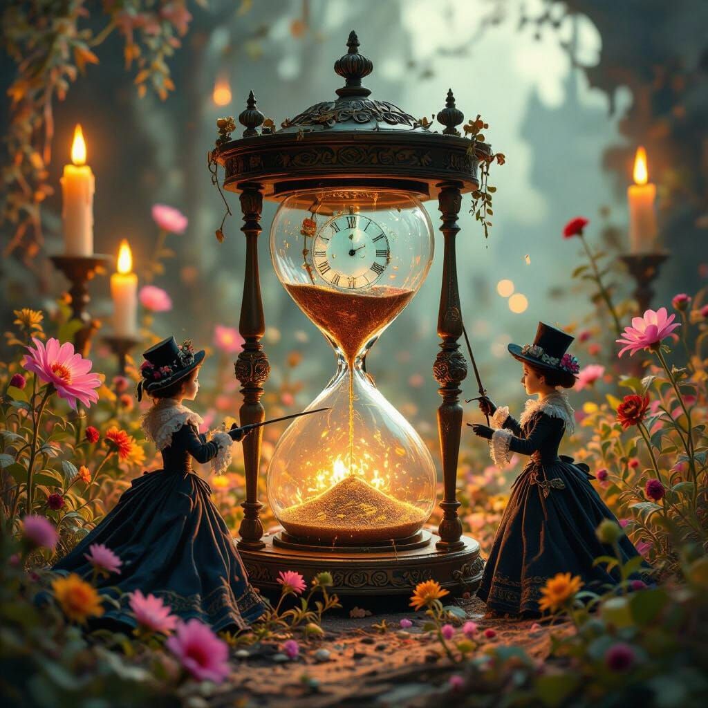 Hourglass Battle: Victorian Figures in Surrealist Style