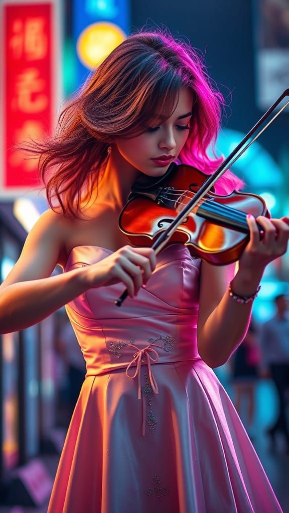 A Woman in Neon Dreams, Playing a Violin with Passion and Gr...