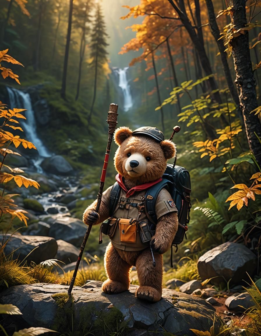 Adventurous Teddy Bear Hiking in Wilderness: Hyper-Realistic...